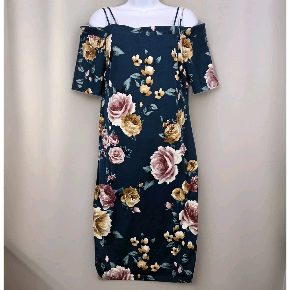 Haute Monde Floral Sheath Dress Cold Shoulder Teal Multicolor Womens Size L